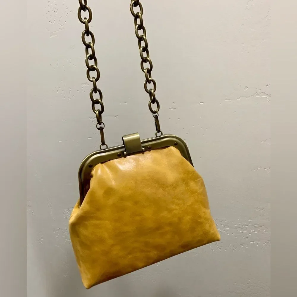 Unique Distressed Leather Handmade Rivet frame Push Lock Purse, Multi Use Style.